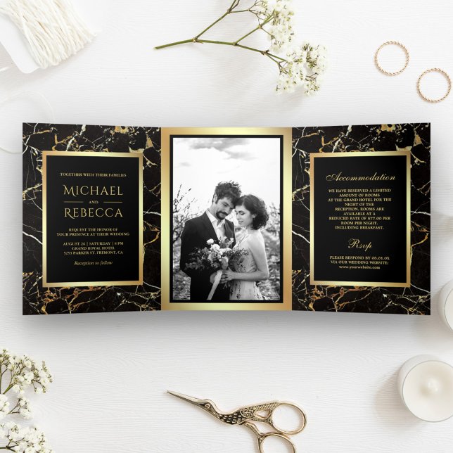 Invitation Trois Volets Marbre Noir Or Faux Gold Foil Mariage photo (Créateur téléchargé)