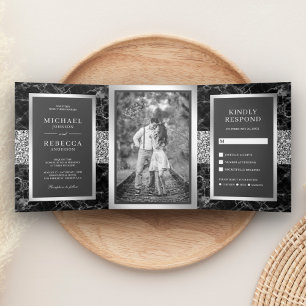 Invitation Trois Volets Marbre Noir Paillettes Argent Mariage Gris Foncé