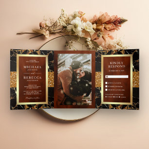 Invitation Trois Volets Marbre noir Parties scintillant or Mariage en terr