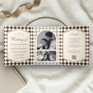 Invitation Trois Volets Mariage à carreaux brun ivoire d'argent vintage
