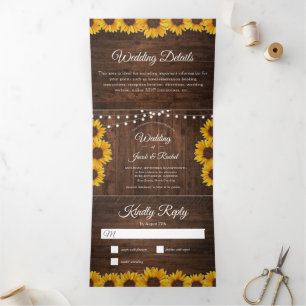 Invitation Trois Volets Mariage à cordes de tournesols rustiques