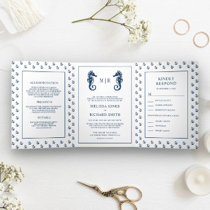 Invitation Trois Volets Mariage à l'ancre nautique blanche et bleue hippoc