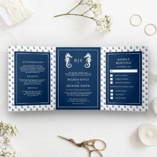 Invitation Trois Volets Mariage à l'ancre nautique bleue et blanche