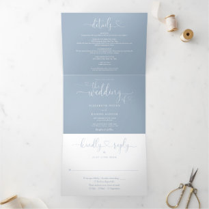 Invitation Trois Volets Mariage à l'écriture cursive cœur bleu poussiéreux