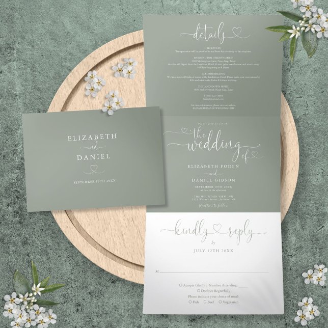 Invitation Trois Volets Mariage à l'écriture de cœur de vert sauge (Sage Green Heart Script Wedding Tri-Fold Invitation)
