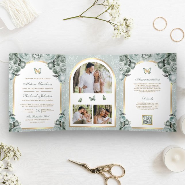 Invitation Trois Volets Mariage à papillon à arc fleuri vert Sage (Créateur téléchargé)