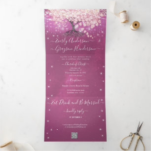 Invitation Trois Volets Mariage Arbre à Feuilles de Cœur Enchanté Rose et