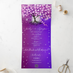 Invitation Trois Volets Mariage Arbre à Feuilles en Forme de Coeur Rose Vi