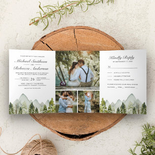 Invitation Trois Volets Mariage Arbres de Pin de Montagne Aquarelle Rustiq