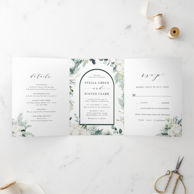 Invitation Trois Volets Mariage Arch Fleurs à feuillage persistant et coto (Intérieur)