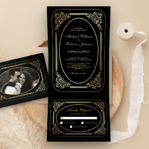 Invitation Trois Volets Mariage Art Déco Noir et Or Tout en Un