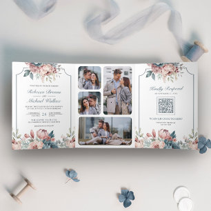 Invitation Trois Volets Mariage au code QR floral rose et bleu poussiéreux