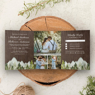 Invitation Trois Volets Mariage aux arbres de pin de montagne aquarelle en