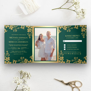 Invitation Trois Volets Mariage aux feuilles florales de couleur vert sarc