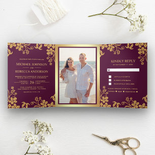 Invitation Trois Volets Mariage aux Feuilles Florales de Pourpre et d'Or F