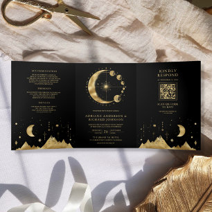 Invitation Trois Volets Mariage aux phases de lune en or noir céleste