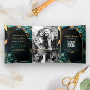 Invitation Trois Volets Mariage avec code QR en marbre floral or sarcelle 