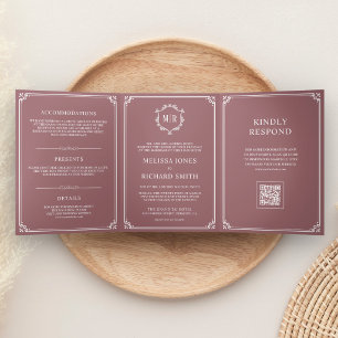 Invitation Trois Volets Mariage avec code QR Monogramme Rose Pâle et Blanc