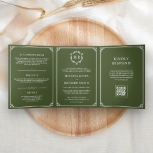 Invitation Trois Volets Mariage avec code QR Monogramme Vert Olive et Blan