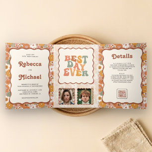 Invitation Trois Volets Mariage avec code QR photo florale colorée Rétro 7