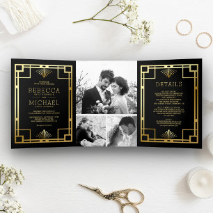 Invitation Trois Volets Mariage avec un collage de photos Art déco noir et