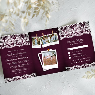 Invitation Trois Volets Mariage avec un collage photo de dentelle de bois