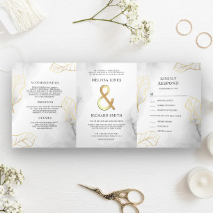 Invitation Trois Volets Mariage Blanc et Feuilles d'Or Ampersand Tout en U