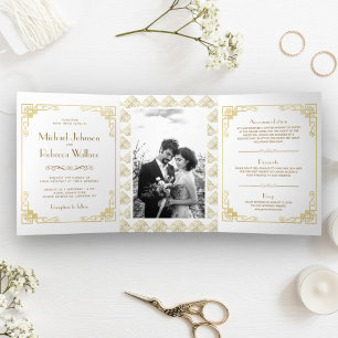 Invitation Trois Volets Mariage Blanc et Or de Style Art Déco Vintage