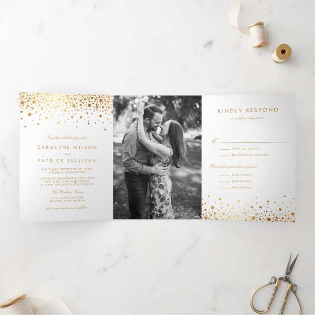 Invitation Trois Volets Mariage blanc Faux Gold Foil Confetti Dots (Intérieur)