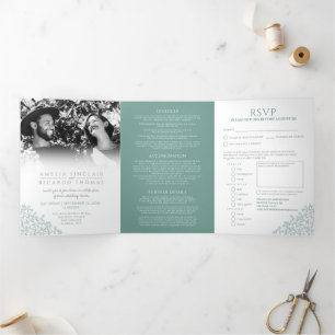 Invitation Trois Volets Mariage blanc vert muet feuilles tout-en-un
