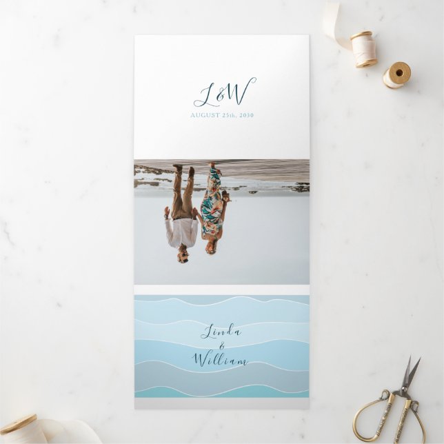 Invitation Trois Volets Mariage bleu de la plage (Extérieur)