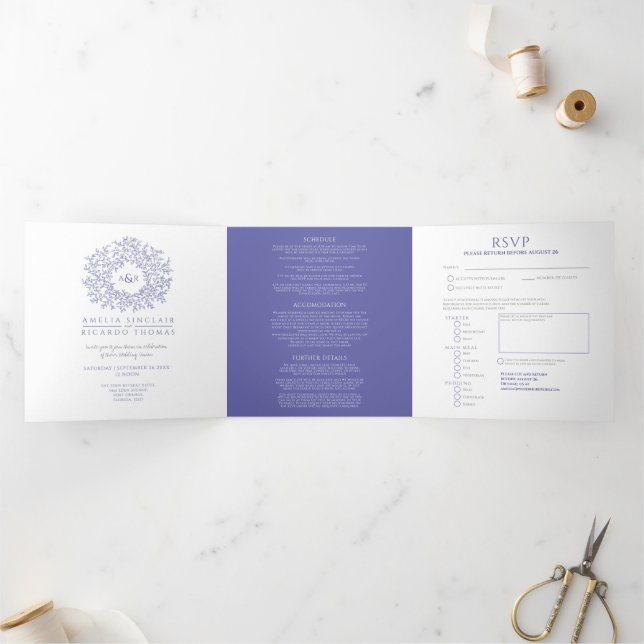 Invitation Trois Volets Mariage bleu et blanc monogramme (Intérieur)
