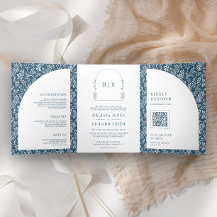 Invitation Trois Volets Mariage Bleu Poussiéreux Feuille Arche Minimaliste
