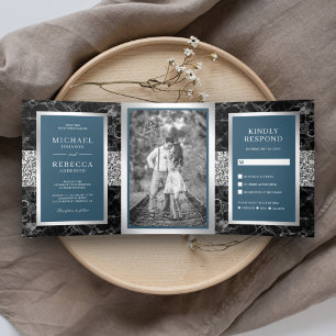 Invitation Trois Volets Mariage Bleu Poussiéreux Paillettes Argent Marbre