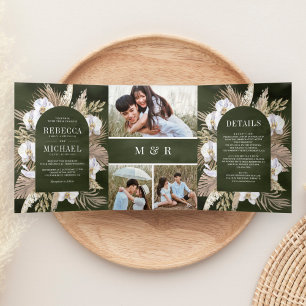 Invitation Trois Volets Mariage Bohème Pampas Orchidée Blanche Palmier Séc