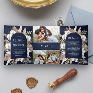 Invitation Trois Volets Mariage Bohème Pampas Orchidée Blanche Palmier Sec