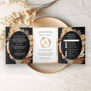 Invitation Trois Volets Mariage Bohème Pampas Palmier Séché Noir Tout en U