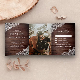 Invitation Trois Volets Mariage Bois Campagnard Dentelle Photo