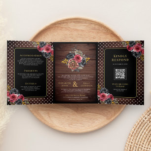 Invitation Trois Volets Mariage Bois Rustique Roses Florales Noir Bourgogn