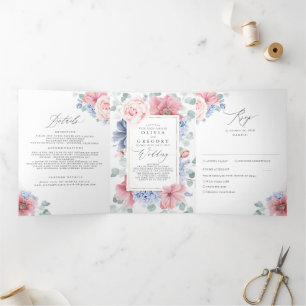 Invitation Trois Volets Mariage botanique bleu et rose