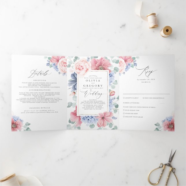Invitation Trois Volets Mariage botanique bleu et rose (Intérieur)