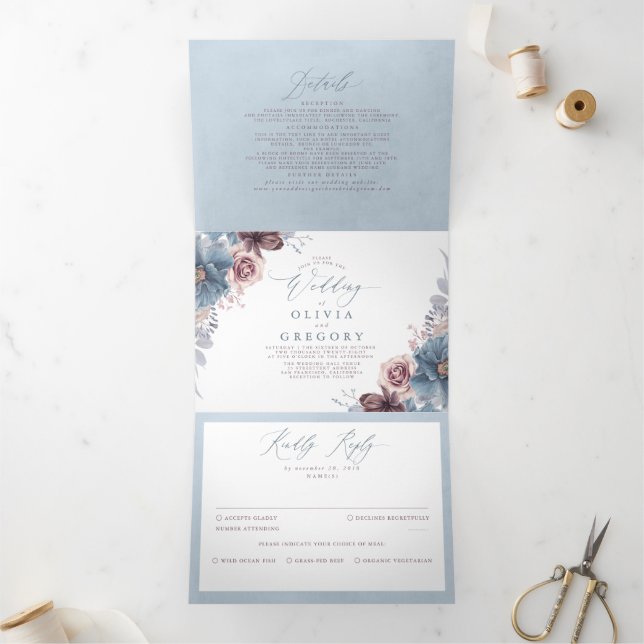 Invitation Trois Volets Mariage botanique bleu mauve et Dusty (Intérieur)