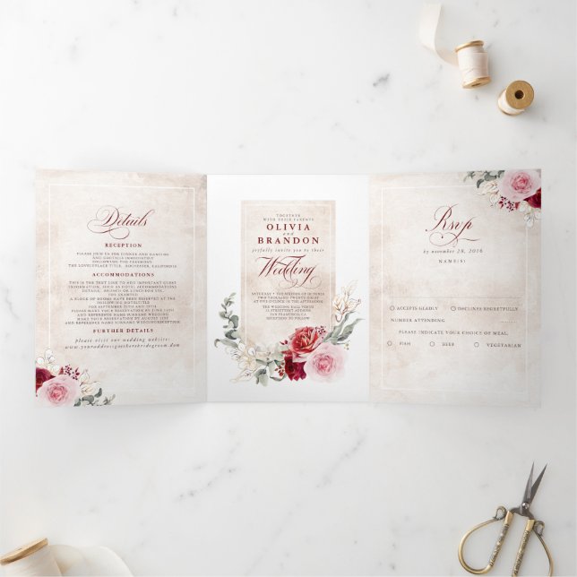 Invitation Trois Volets Mariage botanique botanique de Bourgogne rouge (Intérieur)