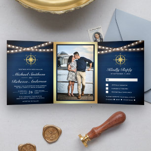 Invitation Trois Volets Mariage Boussole Dorée Bois Bleu Marine