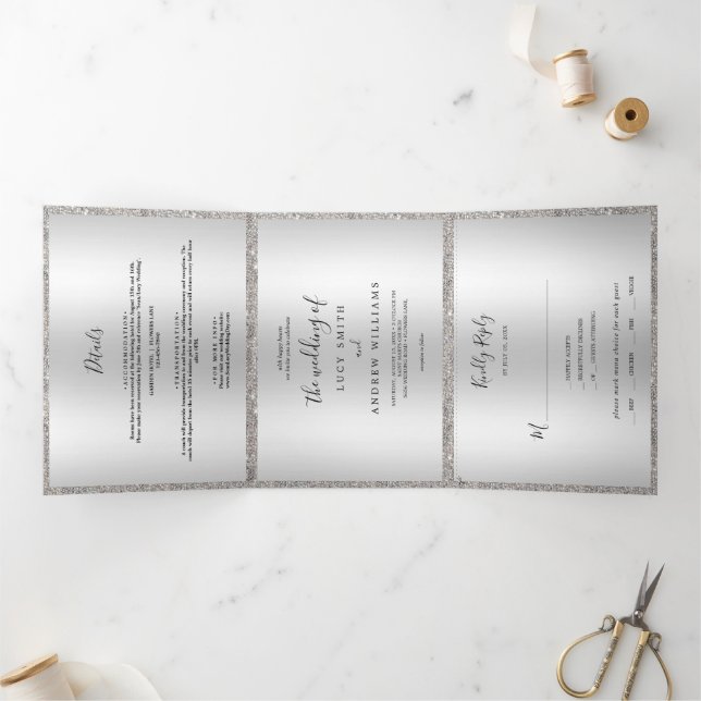 Invitation Trois Volets Mariage Bow & Sequins Bijoux Argent (Intérieur)