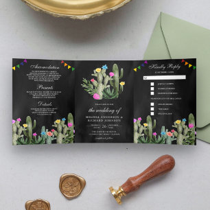Invitation Trois Volets Mariage Cactus Floral Noir Fiesta Mexicaine
