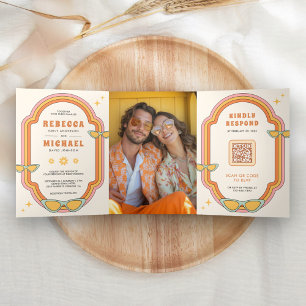 Invitation Trois Volets Mariage Cadre Rétro Coloré Groovy Bohème des Année