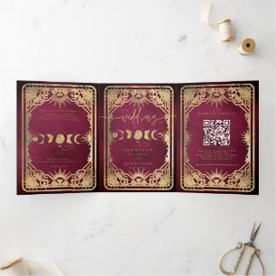 Invitation Trois Volets Mariage céleste de tarot bordeaux et or faux