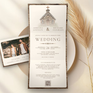 Invitation Trois Volets Mariage Champêtre en Chapelle Western tout-en-un e