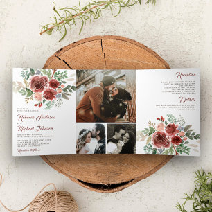 Invitation Trois Volets Mariage Champêtre Floral Marsala à la Campagne